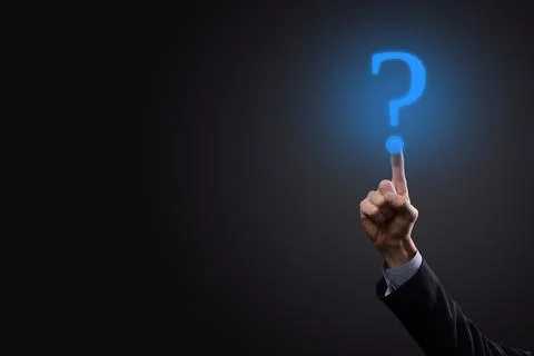 Businessman man hand hold interface question marks sign web. Ask quiestion on Stock Photos