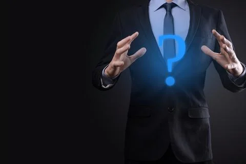 Businessman man hand hold interface question marks sign web. Ask quiestion on Stock Photos