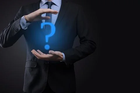 Businessman man hand hold interface question marks sign web. Ask quiestion on Stock Photos