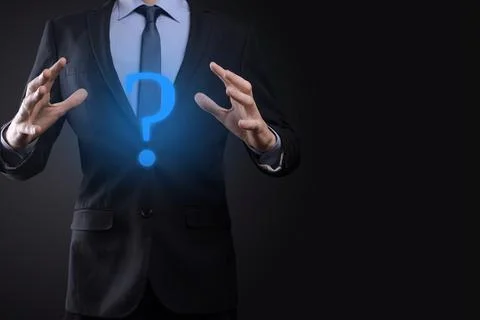 Businessman man hand hold interface question marks sign web. Ask quiestion on Stock Photos