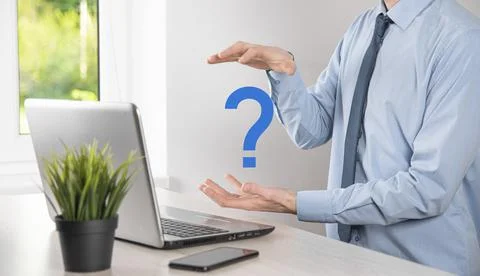 Businessman man hand hold interface question marks sign web. Ask quiestion on Stock Photos