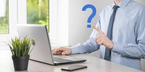Businessman man hand hold interface question marks sign web. Ask quiestion on Stock Photos