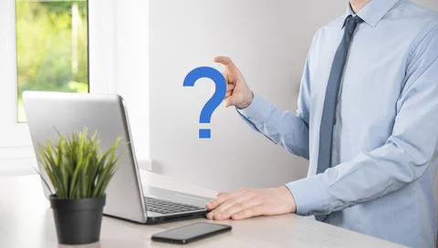 Businessman man hand hold interface question marks sign web. Ask quiestion on Stock Photos