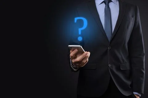 Businessman man hand hold interface question marks sign web. Ask quiestion on Stock Photos