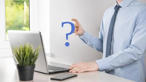Businessman man hand hold interface question marks sign web. Ask quiestion on Stock Photos