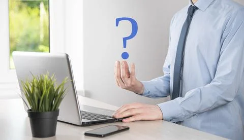 Businessman man hand hold interface question marks sign web. Ask quiestion on Stock Photos