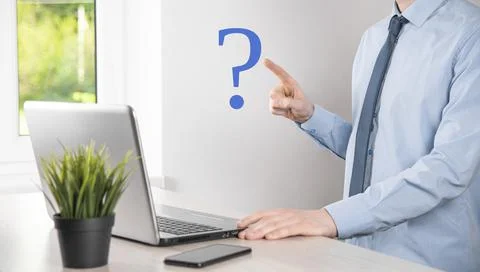 Businessman man hand hold interface question marks sign web. Ask quiestion on Stock Photos