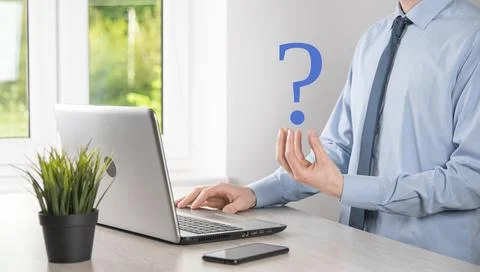 Businessman man hand hold interface question marks sign web. Ask quiestion on Stock Photos