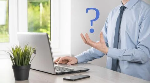 Businessman man hand hold interface question marks sign web. Ask quiestion on Stock Photos