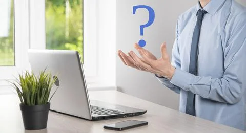 Businessman man hand hold interface question marks sign web. Ask quiestion on Stock Photos