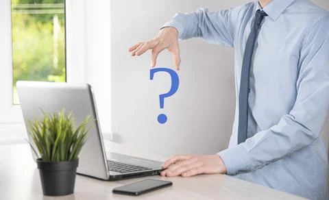 Businessman man hand hold interface question marks sign web. Ask quiestion on Stock Photos