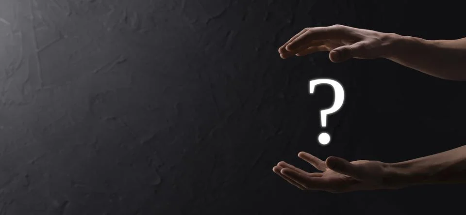 Businessman man hand hold interface question marks sign web. Ask quiestion on Foto stock