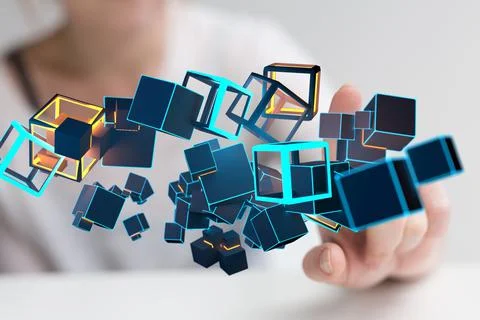 Businessman man tapping on 3D rendering of electronic data hologram Stock Photos