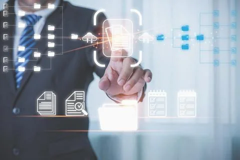 Businessman manager touching the virtual screen to document for management .. Stock Photos