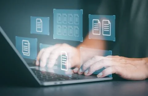 Businessman manages corporate document databases through the cloud, cybersp.. Stock Photos