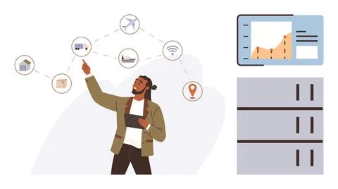 Businessman Managing Logistics and Analyzing Supply Chain Data for Efficient Stock Illustration