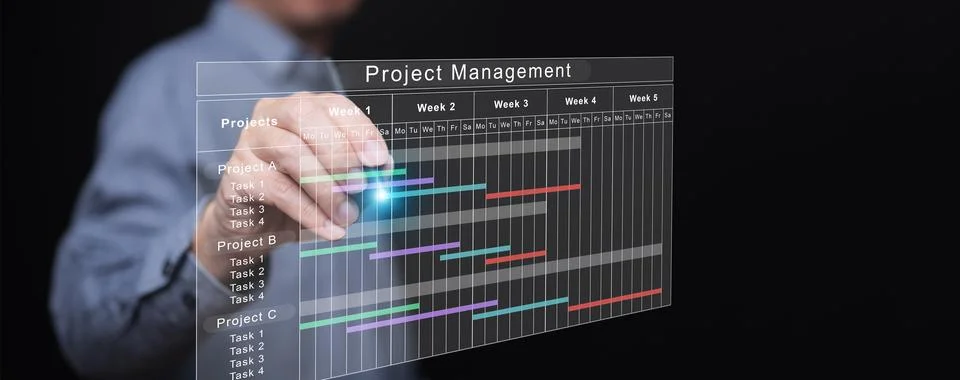 Businessman managing multiple projects using a virtual Gantt chart interfac.. Stock Photos