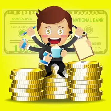Businessman with many arms and stack of big golden coins Stock Illustration