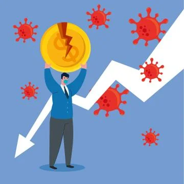 Businessman with mask and decrease arrow of bankruptcy vector design Stock Illustration