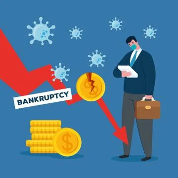 Businessman with mask and decrease arrow of bankruptcy vector design Illustrazione stock
