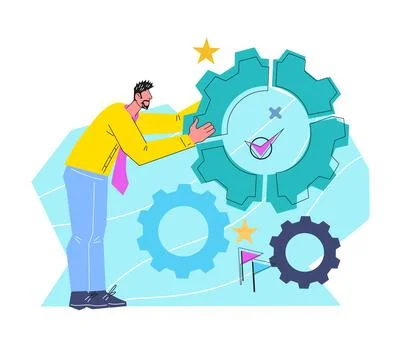 Businessman with mechanisms concept of creating efficient work process, vecto Stock Illustration