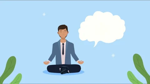 Businessman meditating in lotus pose with empty thought bubble graphic for .. Stock Footage 339085845