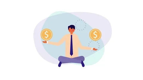 Businessman meditating in lotus position while balancing floating gold doll.. Stock Footage 339059797
