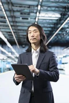 Businessman in microchip foundry facility using tablet to study components Stockfoto's