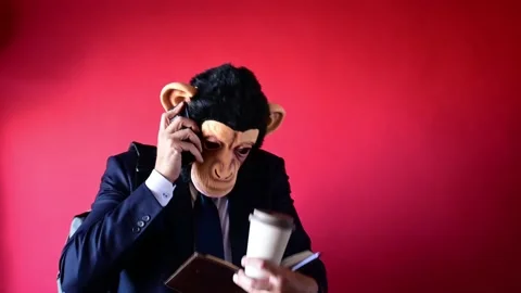Businessman in monkey mask stressed with work material in his arms. Stock Footage 161124050