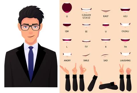 Businessman Mouth Animation Set And Lip Sync Set. Man in Black Suit Coat For  Stock Illustration
