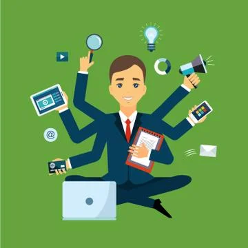 Businessman with multitasking and multi skill. Keep calm. Business concept. Flat Stock Illustration
