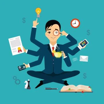 Businessman with multitasking and multi skill. Keep calm. Business concept. Flat Stock Illustration
