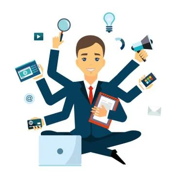 Businessman with multitasking and multi skill. Keep calm. Business concept. Flat Stockillustratie