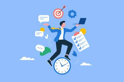 Businessman Multitasking with Laptop While Balancing on Clock. Stock Illustration