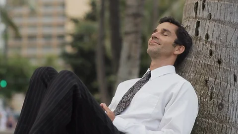 Businessman napping on a tree trunk. 스톡 동영상 88371342