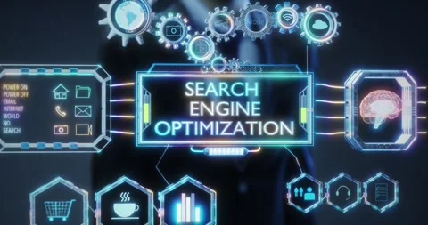Businessman navigating futuristic search engine optimization interface Stock Footage 286201308