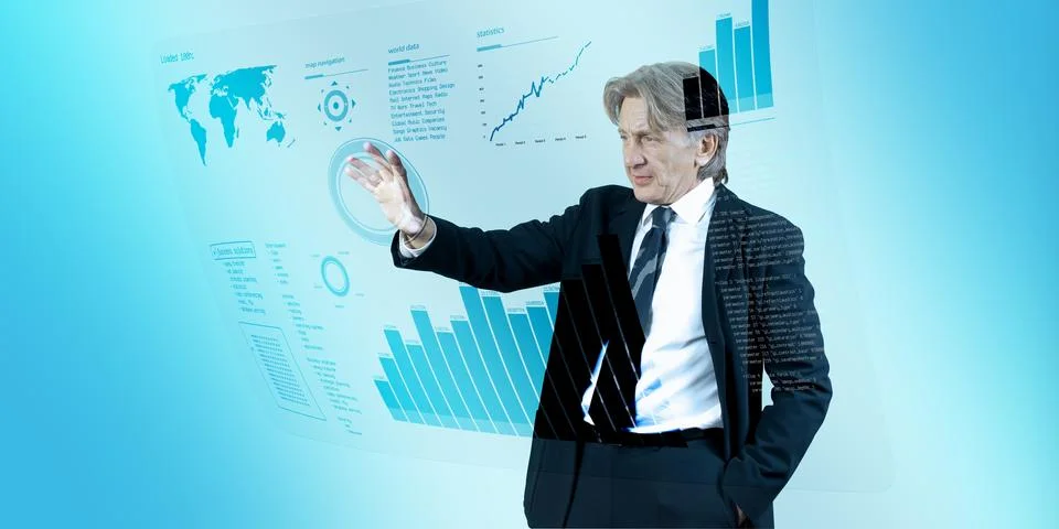 Businessman navigating interface in future Illustrazione stock
