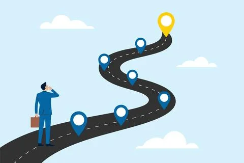 Businessman Navigating Roadmap Toward Final Destination Marker. Stock Illustration