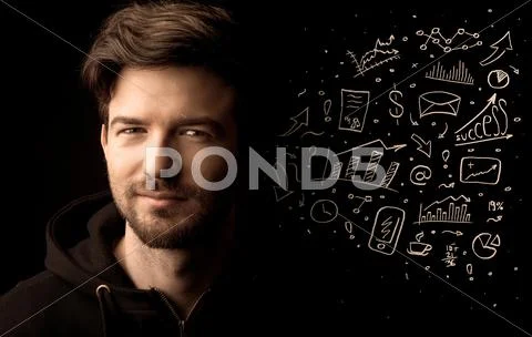 Businessman near graph pie charts Stock Photos