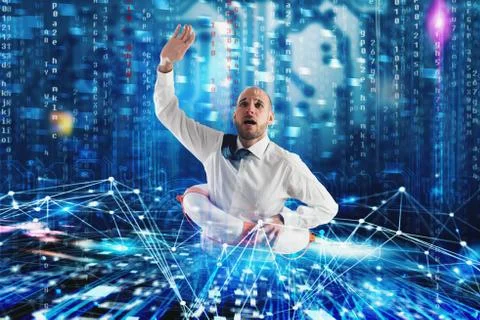 Businessman needs help to surf the internet. Internet exploration problem Stock Photos