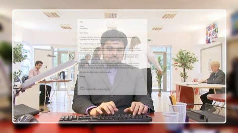 Businessman networking and checking his emails, from the computer screen's pov. 스톡 동영상 32747565