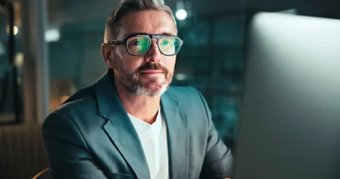 Businessman, night and computer for thinking in office, senior software Stock Footage 301367847