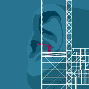 Businessman observing using a telescope. The background is blue. Illustrazione stock