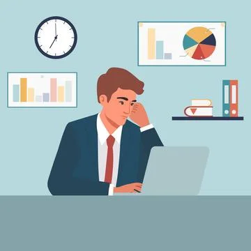 Businessman in office analyzing data charts on laptop, concept of stress an.. Illustrazione stock
