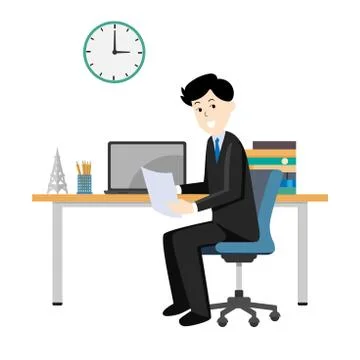 Businessman with Office Desk-Vector Flat Design Illustration. Stock Illustration