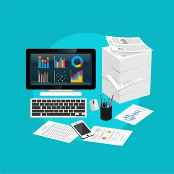 Businessman office work place with a stack of paper reports. Stock Illustration