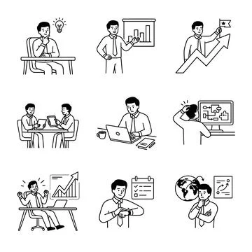 Businessman office workflow concept line illustration set, black and white,.. Stock Illustration