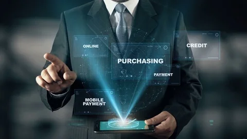 Businessman with Online Shopping hologram concept choose Purchasing from words Stock Footage