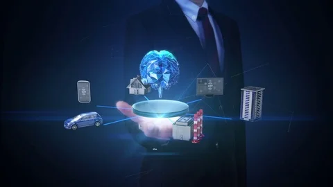 Businessman open palm, Devices sensor connecting brain, Internet of things. Video stock 76074939