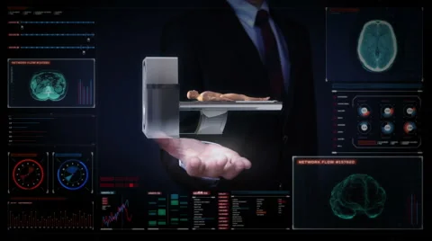 Businessman open palms, CT scanner, MRI machine in digital display dashboard. Stockbeeldmateriaal 64580382